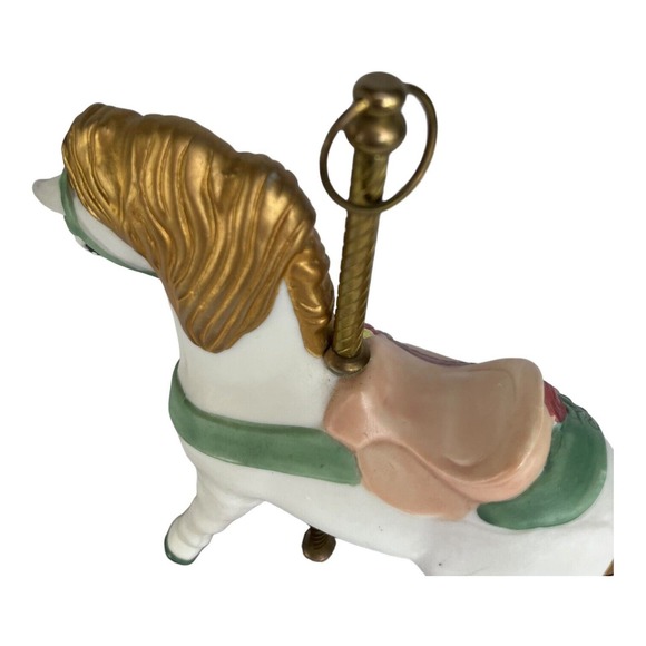 Paul Sebastian Ceramic White Carousel Horse Flowers Golden Mane & Tail Wood Base - Picture 3 of 10